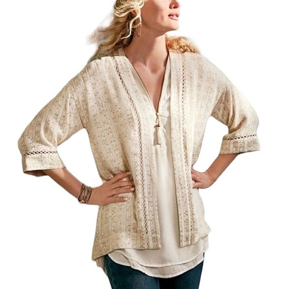 Soft Surroundings cardigan open front gold sequin‎ light weight SP